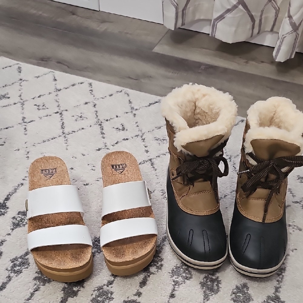 UGG Tan and Black Winter Boots with White Sandals